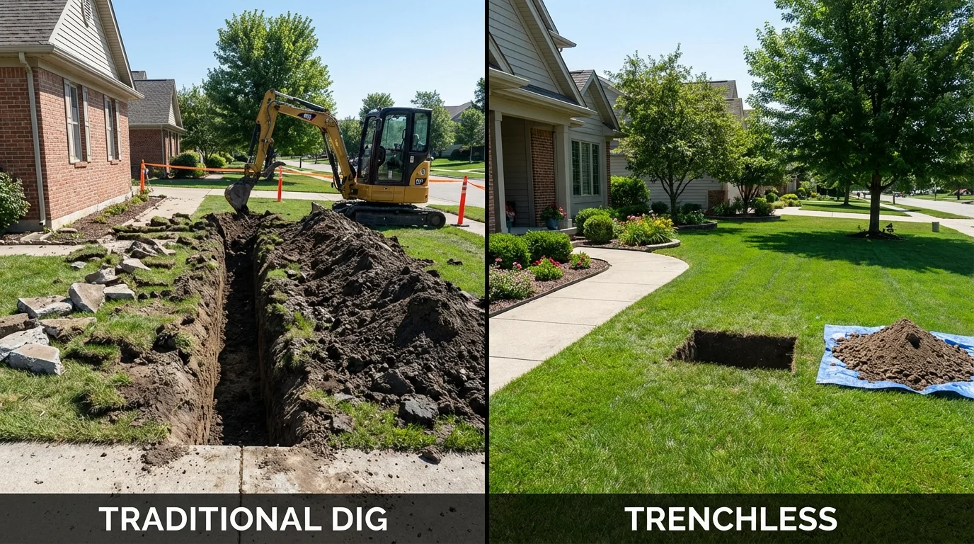 Trenchless sewer repair with minimal yard damage versus traditional excavation in Canaan, CT